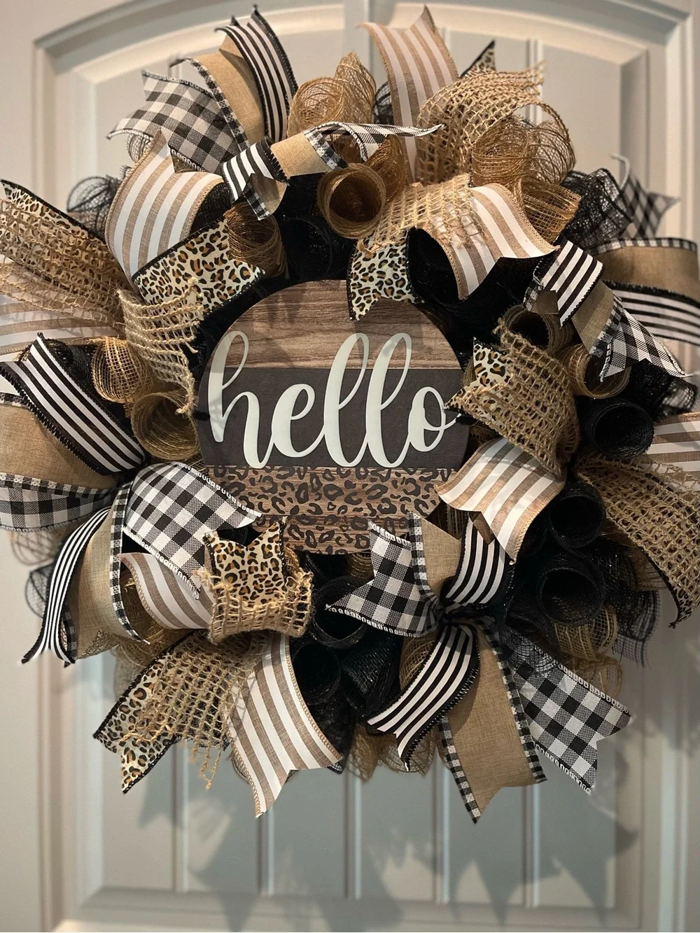 Hello Everyday Wreath in Burlap and Ribbon Leopard Wreath in Black, Tan, Cream